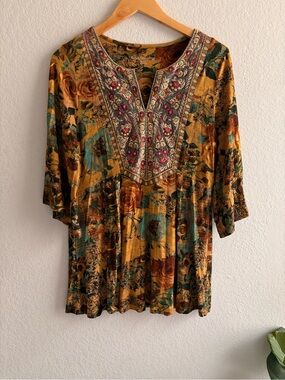 SOFT SURROUNDINGS Miranda Mixte Sz M Tunic Top 3/4 Bell Sleeve Floral Boho
